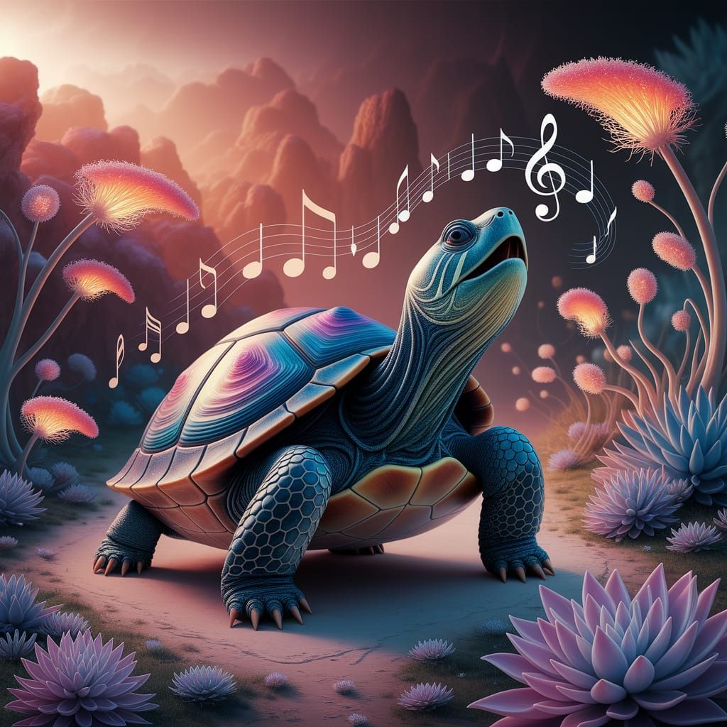 Singing Turtle in Surreal Landscape: HDR Oil Painting