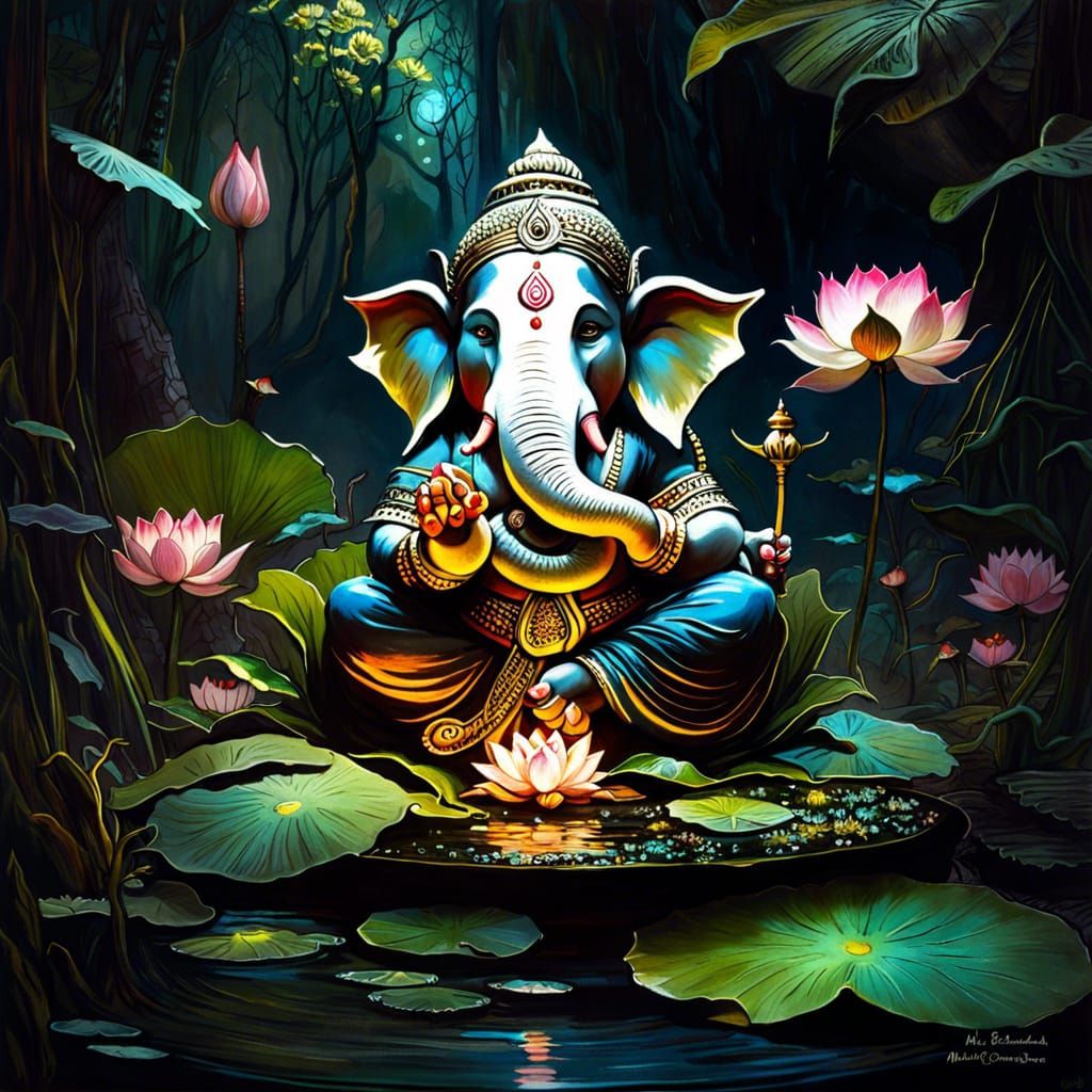 Ganesha in Glowing Forest, Dark Fantasy Art