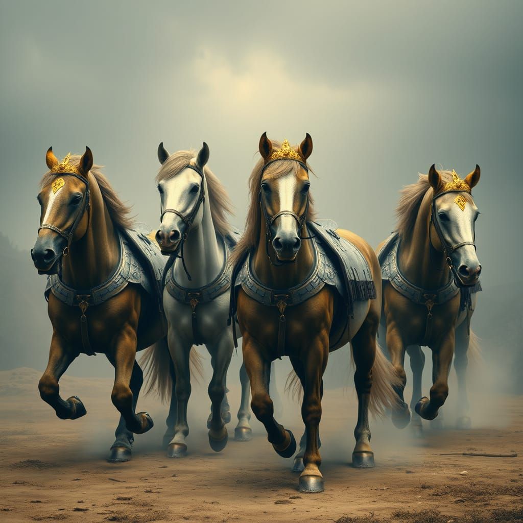 Regal Warhorses with Golden Crowns and Iron Breastplates
