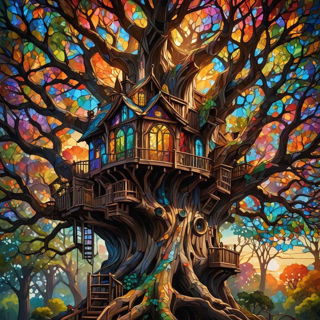 Fantasy Treehouse with Stained Glass, Digital Art
