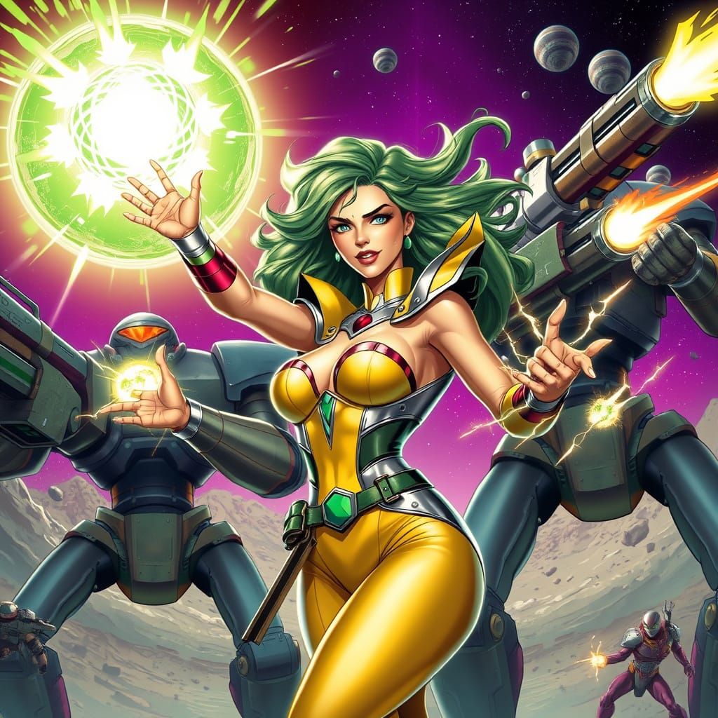 Spectacular Green-Haired Superheroine Battles Alien Robots i...
