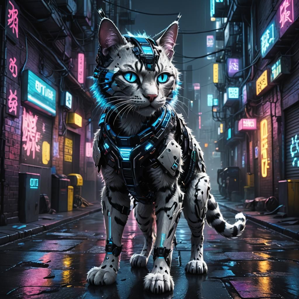 Cyberpunk Cat Humanoid in Dimly Lit Alleyway