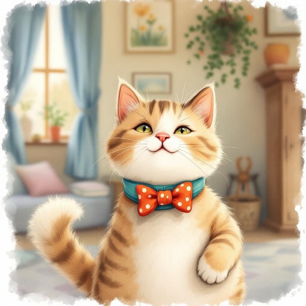 Adorable Cat Waving in Watercolor Style