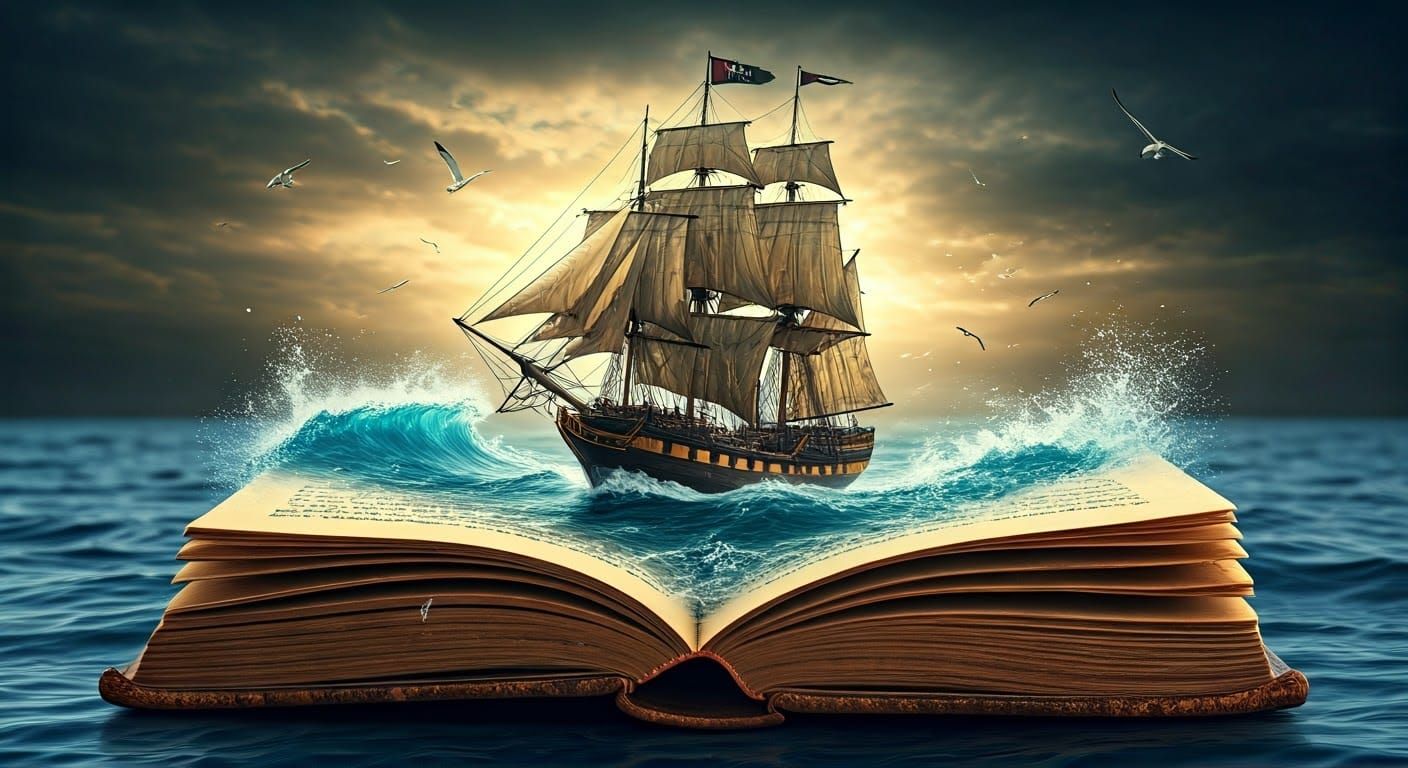 Pirate Ship Emerges from Book, Photorealistic Rendering