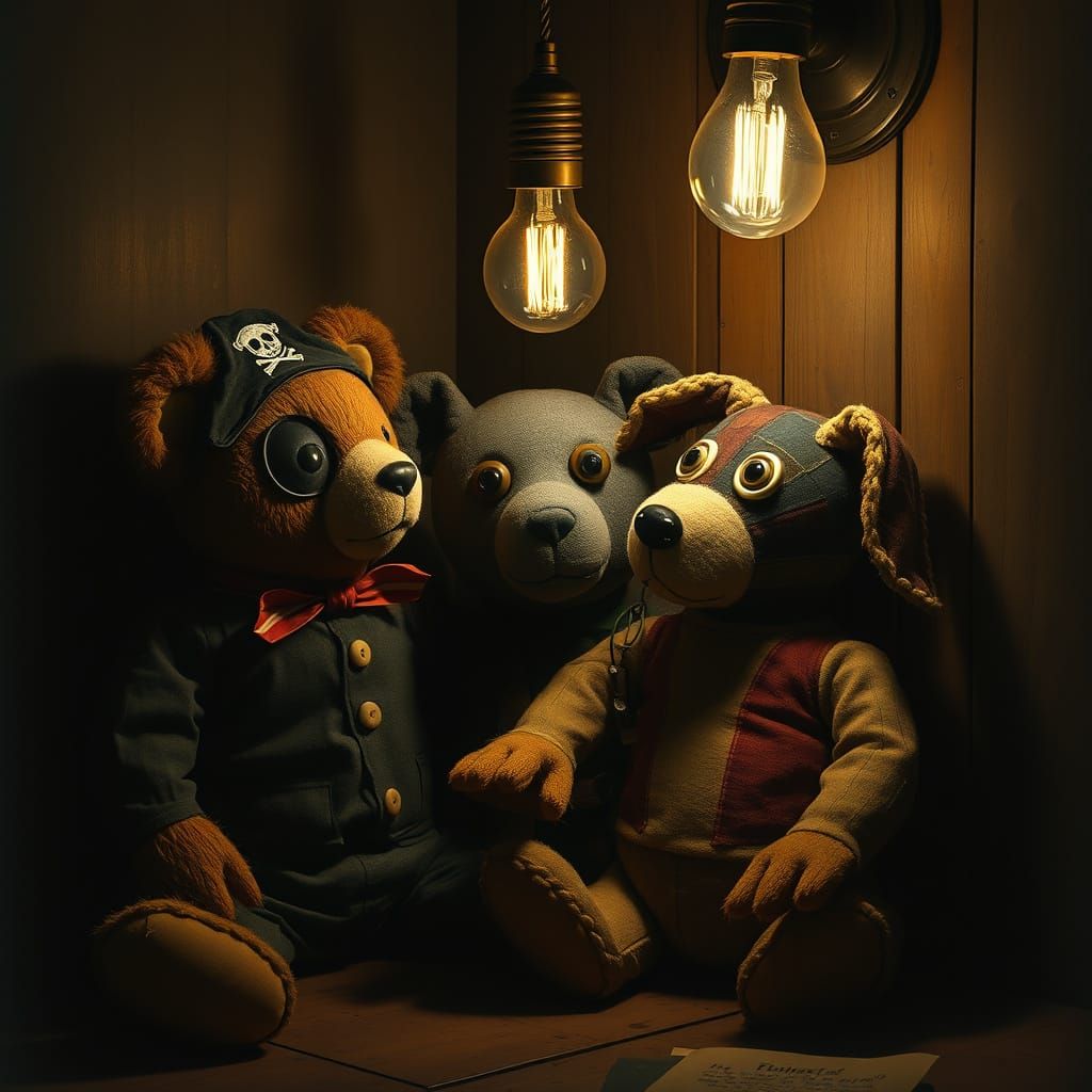 Vintage Stuffed Animals Whisper Secrets in Dim Light