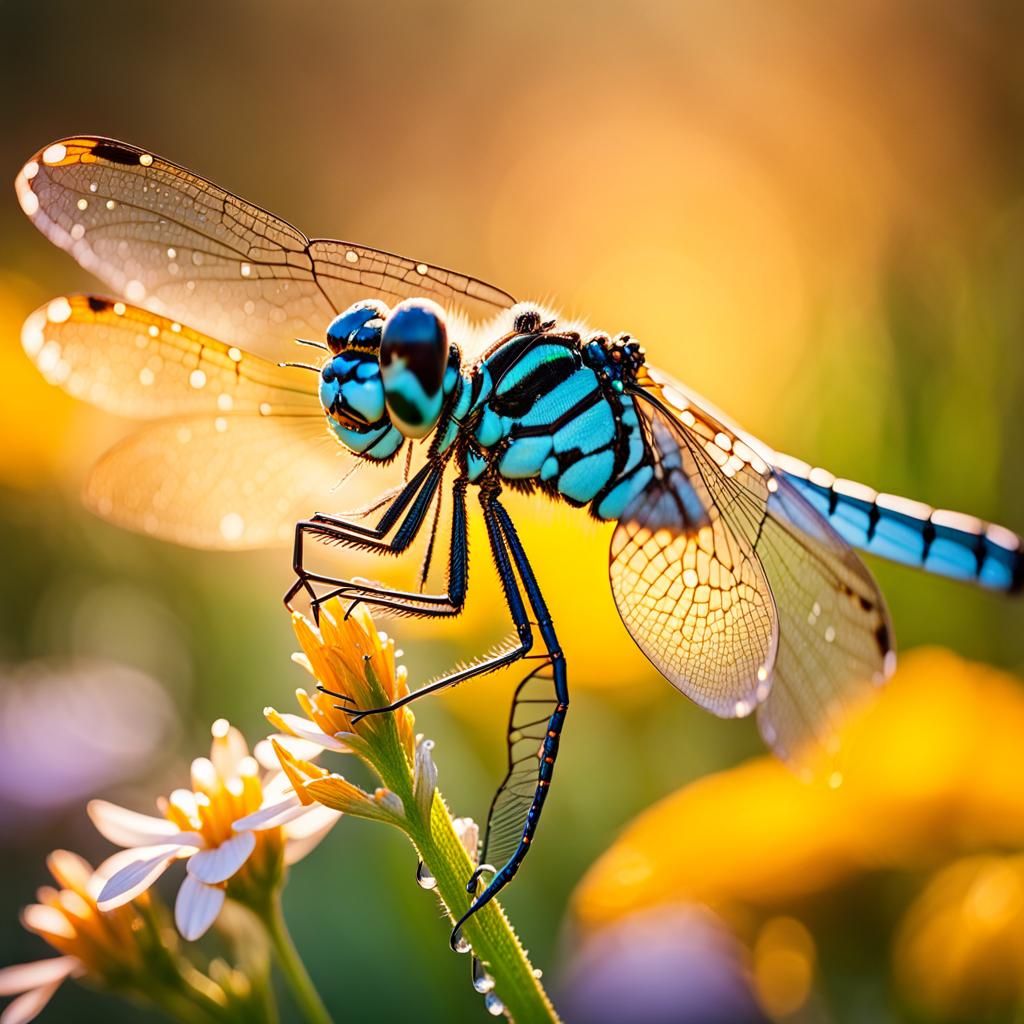 Dragonfly on Wildflower at Golden Hour: Macro Photography