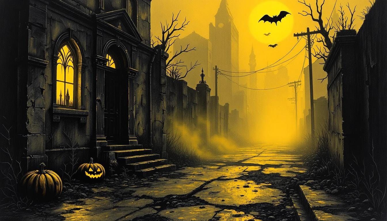 Gritty Halloween Street Scene in Pencil Art Style
