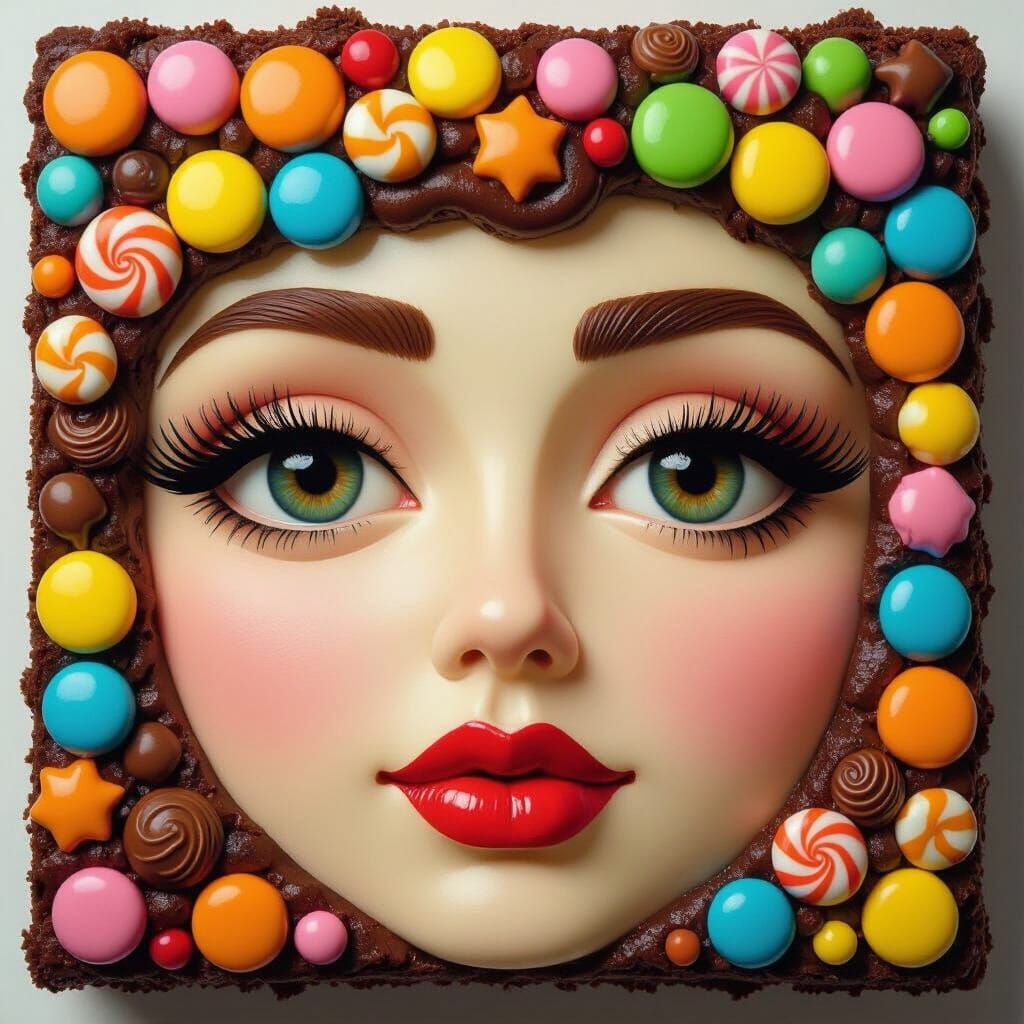 Brownie with Human Face Made of Sweets, Pop Surrealist Style