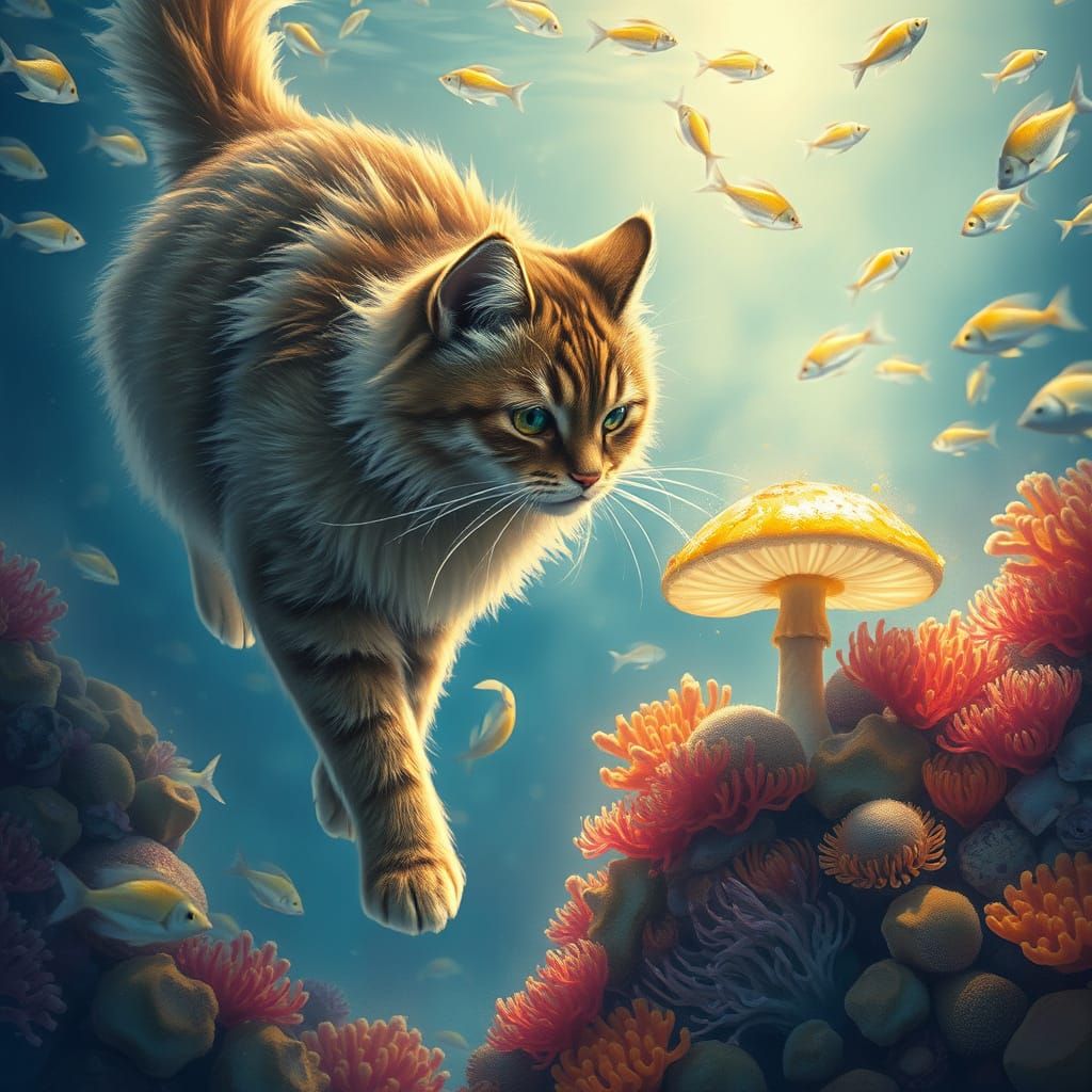 Dreamlike Cat Dives for Glowing Mushroom