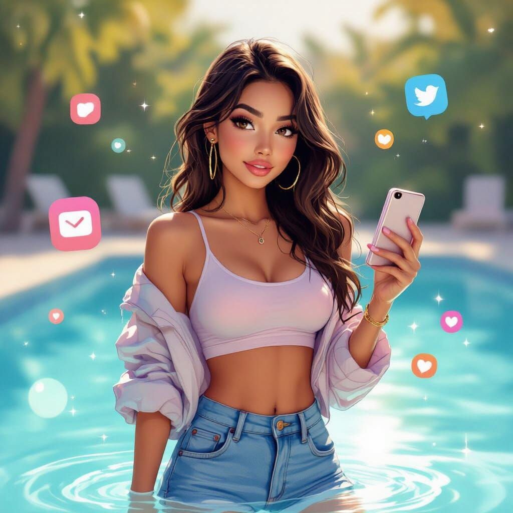 Trendy Woman Posing by Pool in Cartoon Style