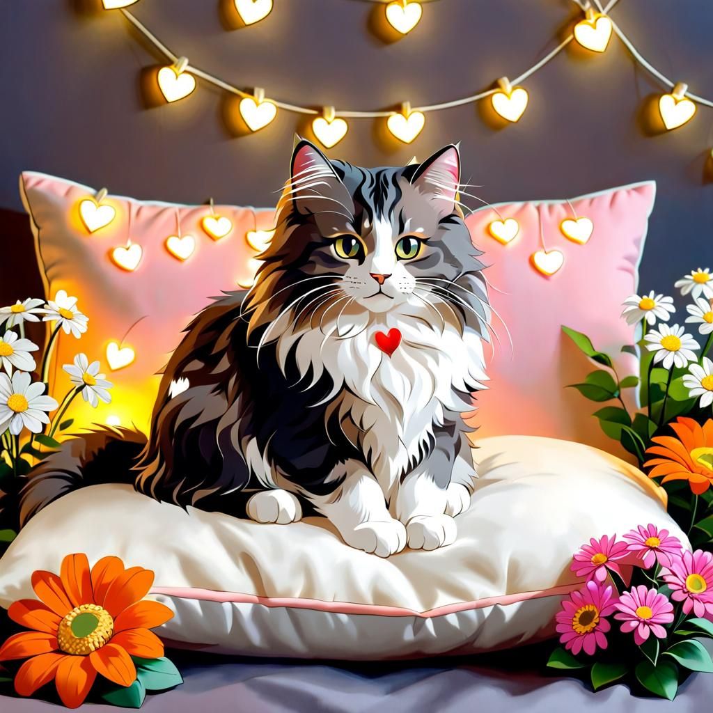 Norwegian Forest Cat Surrounded by Flowers