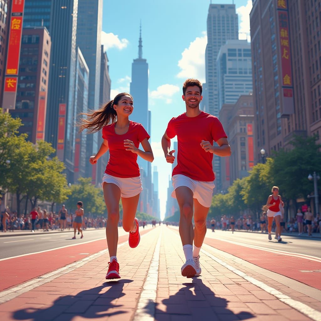 Couple's Joyful Sprint Through the City Streets