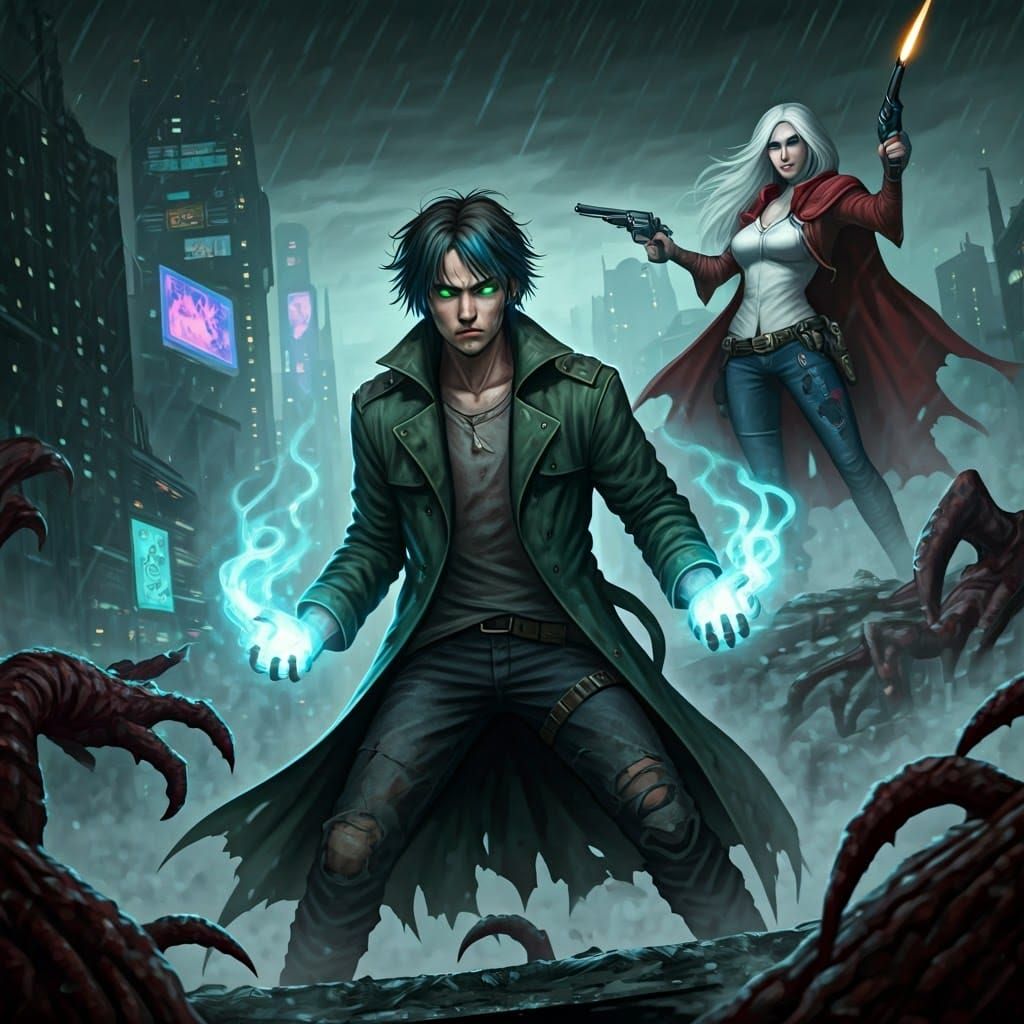Cleric and Rogue Battle Demons in Dystopian City