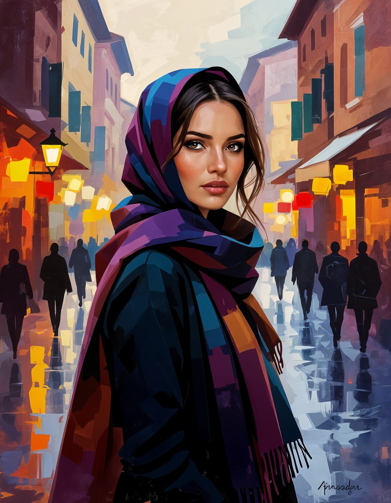 Pensive Woman in Rome Streets, Painterly Style