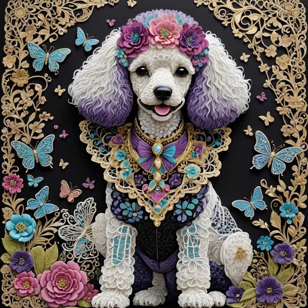 Lace Poodle with Floral Stumpwork in Whimsical Style