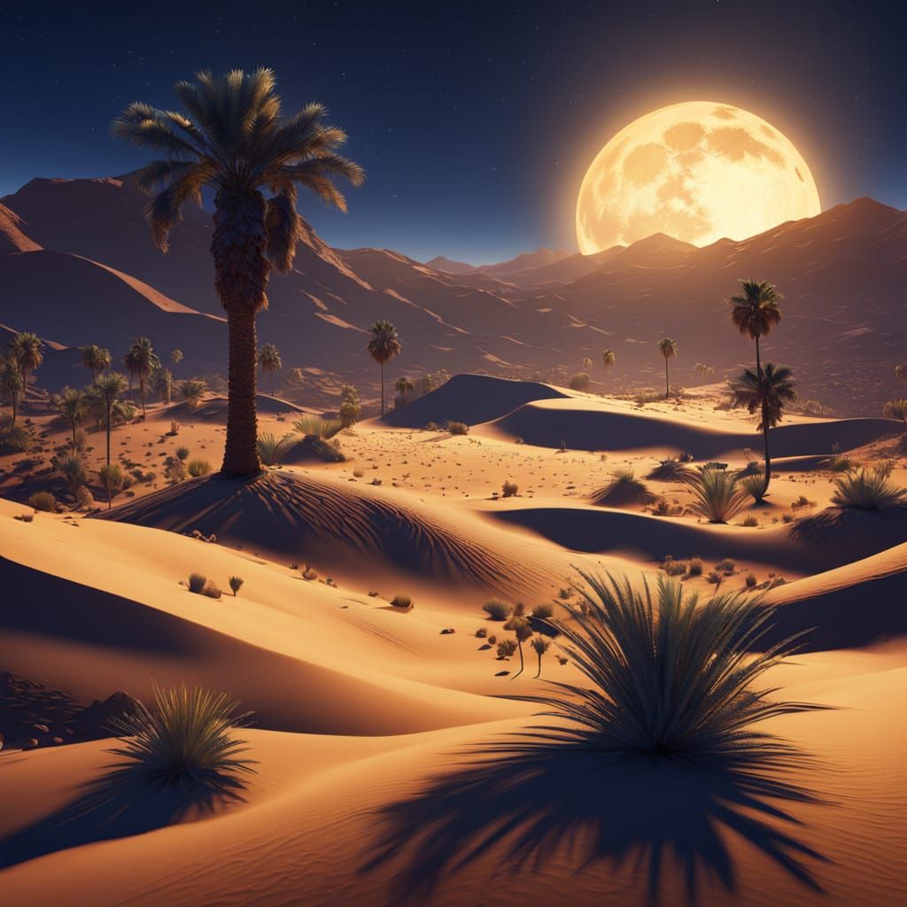 Moonlit Sahara Desert Landscape in Fantasy Style
