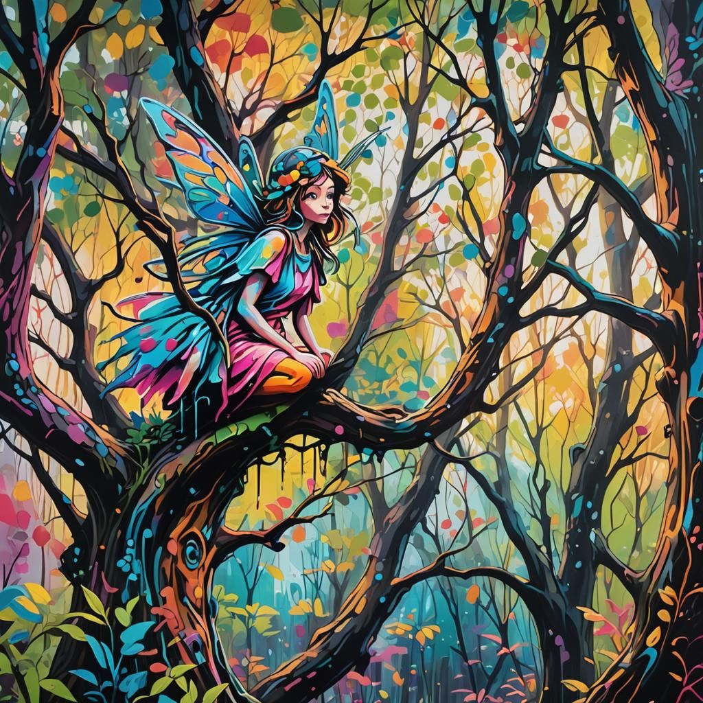Mischievous Fairy in Enchanted Forest Graffiti Art