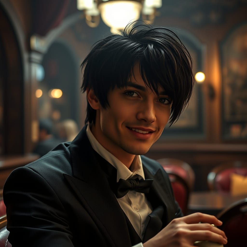 Gothic Gentleman Sits in Cozy Cafe