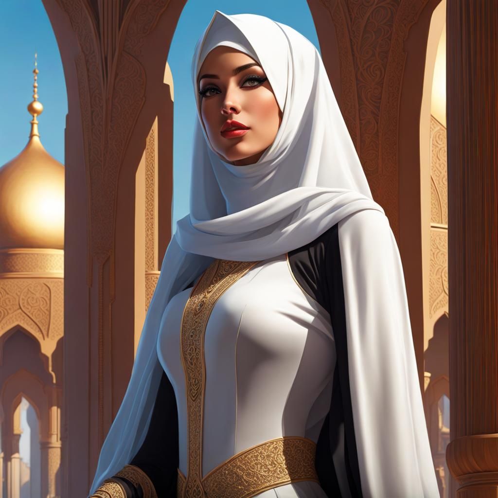 A beautiful girl wearing niqab and tight fitting clothes, extra garments, beautiful face, spectacular figure, striking a...