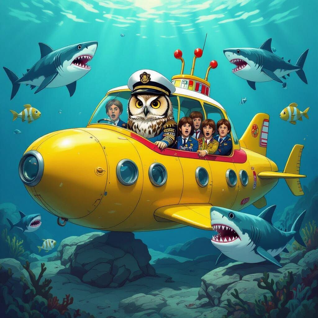Owl Captain Beatles Submarine Stuck on Rocks
