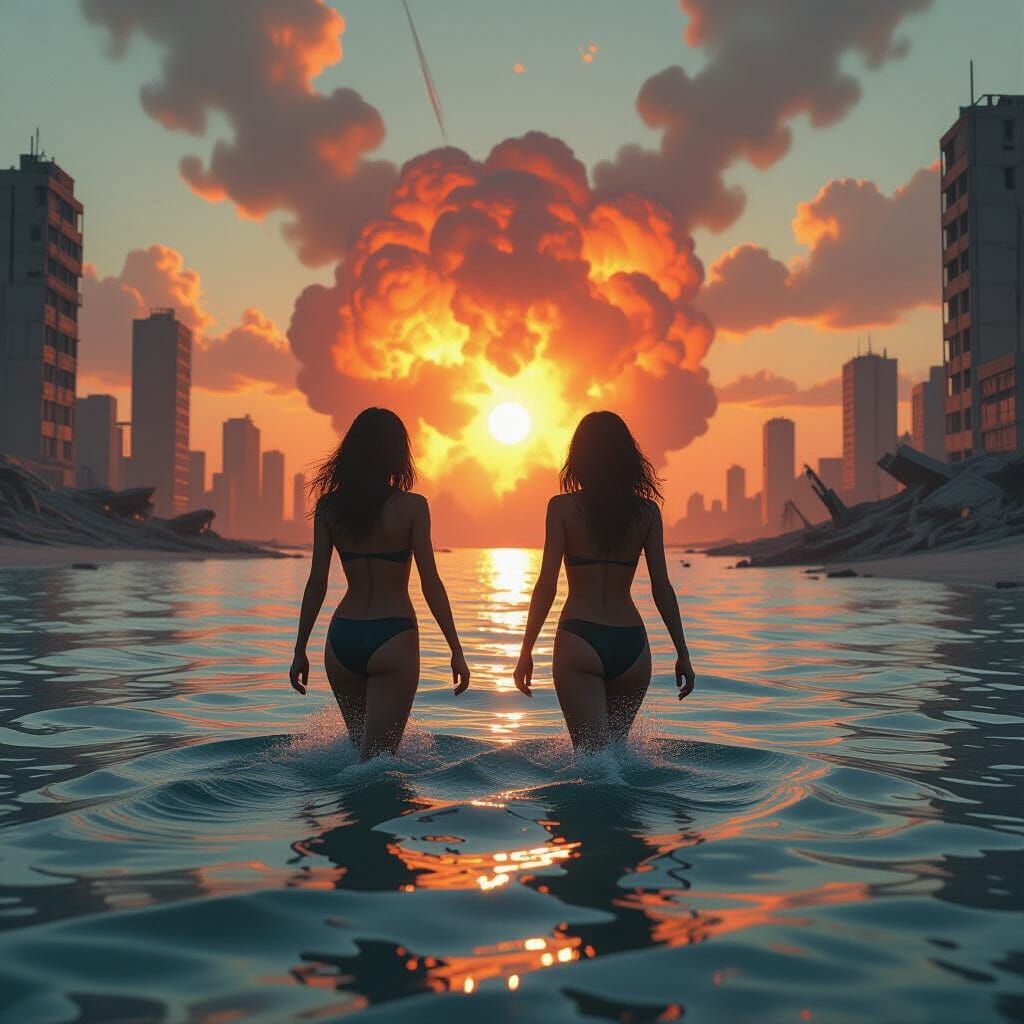 Heroic Women Emerge from Surreal Sea in Atompunk Style