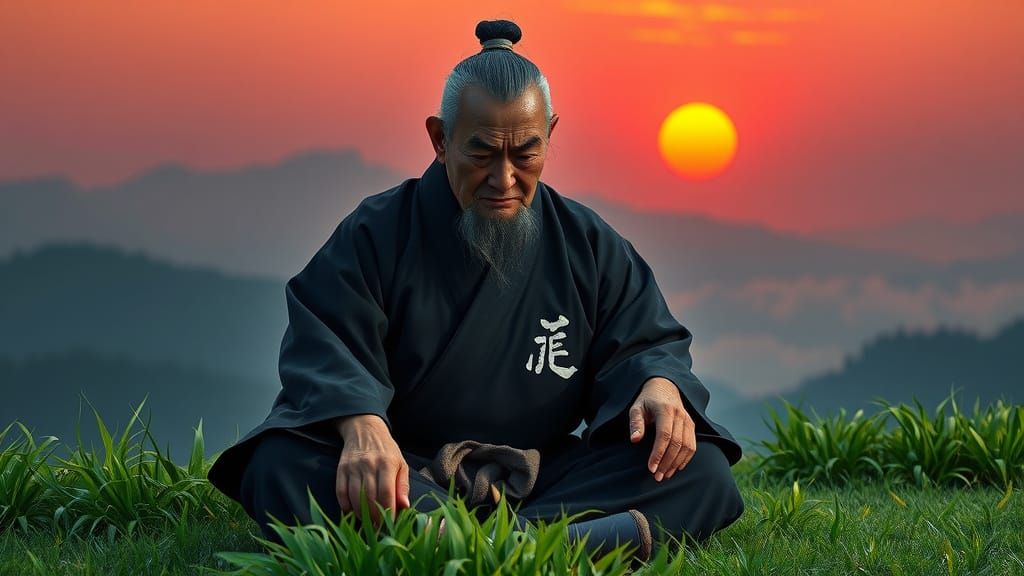 Elderly Japanese Man Contemplates Peace in Serene Mountain L...