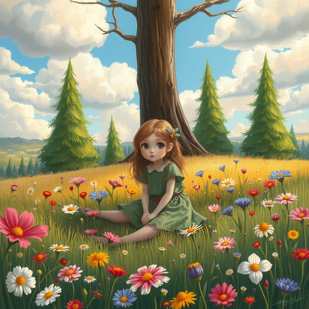Dreamlike Meadow Scene Inspired by Children's Illustration