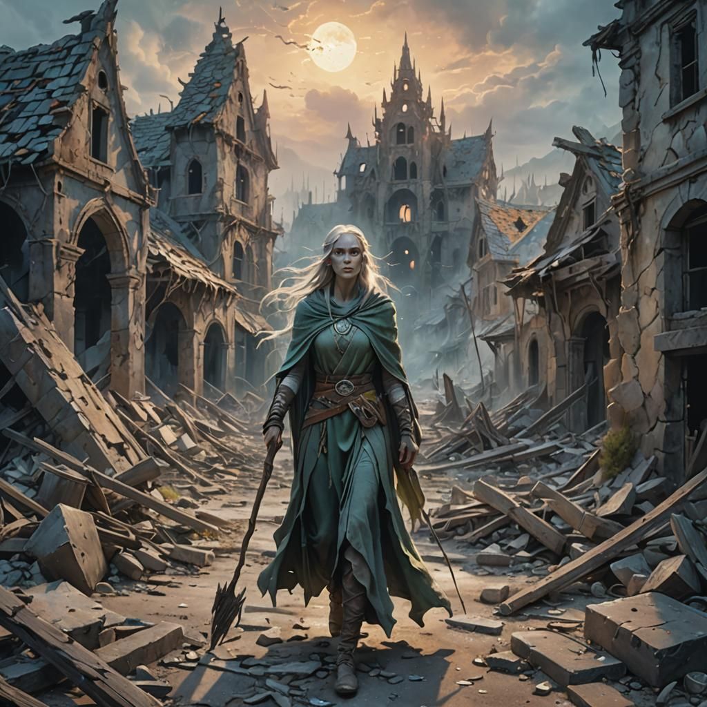 Ethereal Elven Ghost in Ruined Town: Oil Painting
