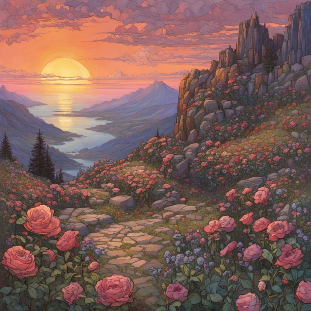 Rosy Sunset Fantasy Art in Pre-Raphaelite Style