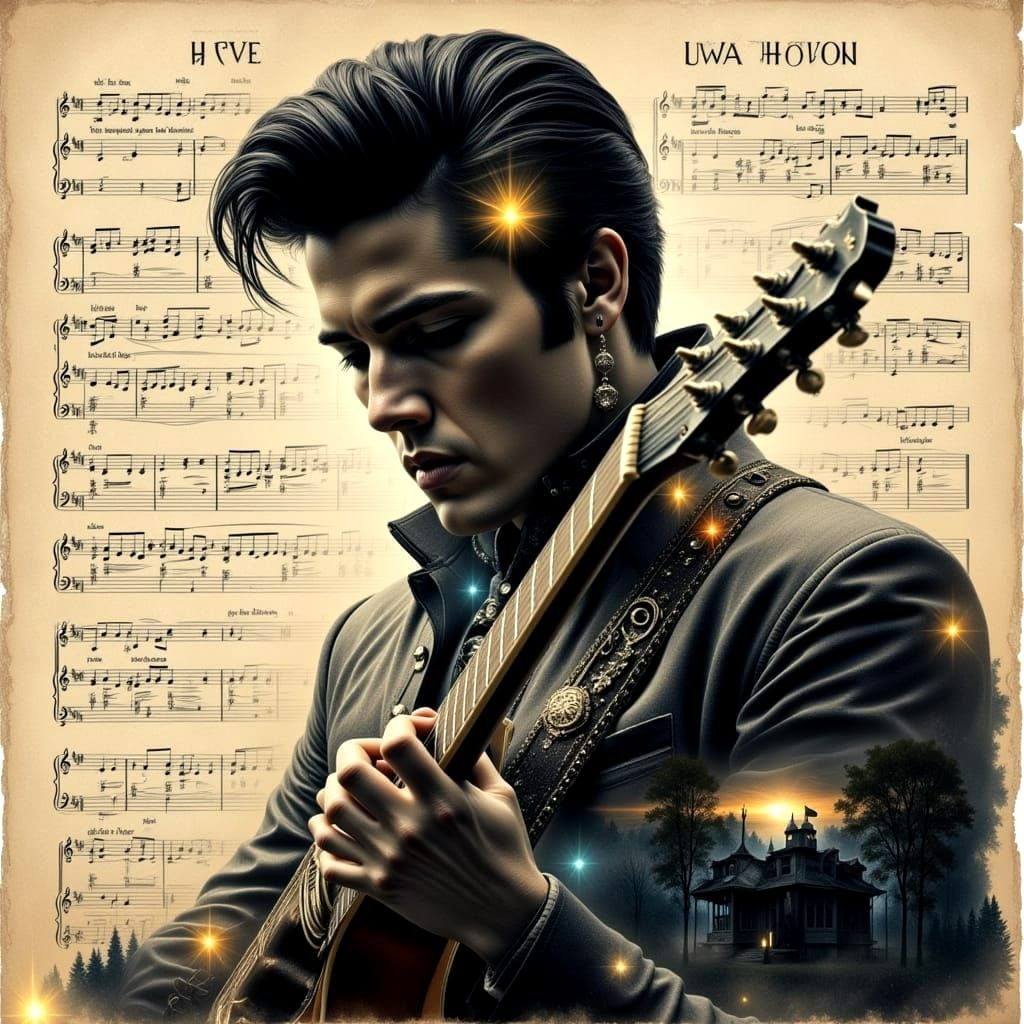 Elvis Inspired Double Exposure with Guitar and Jailhouse