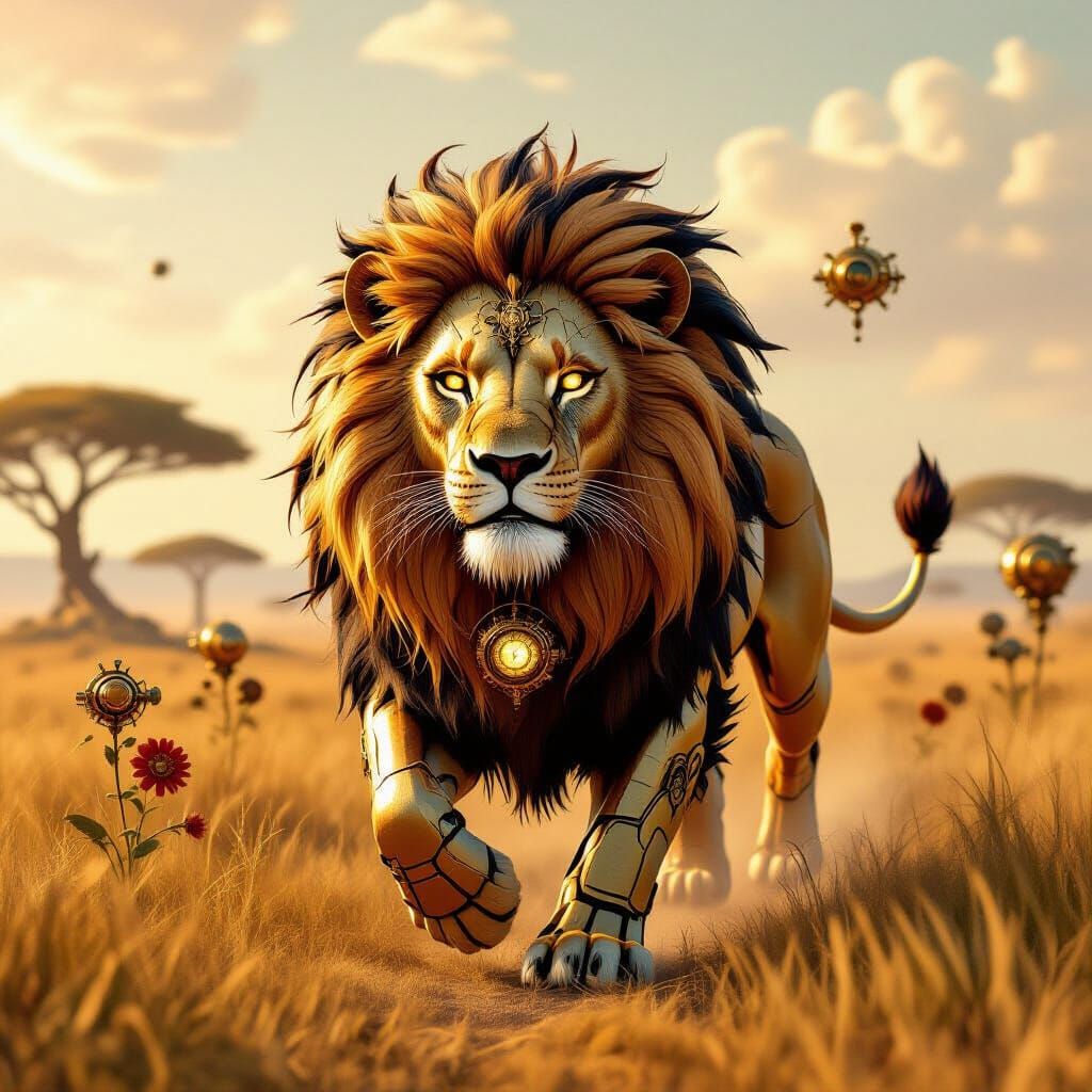 Steampunk Lion Strides Through Clockwork Savanna