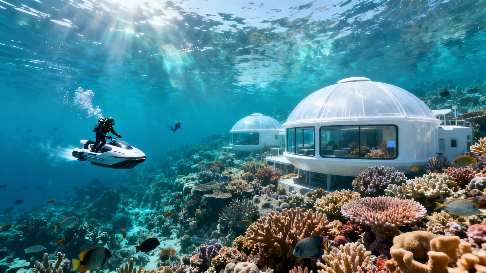 Underwater City Amidst Coral Reefs, Hyperrealistic