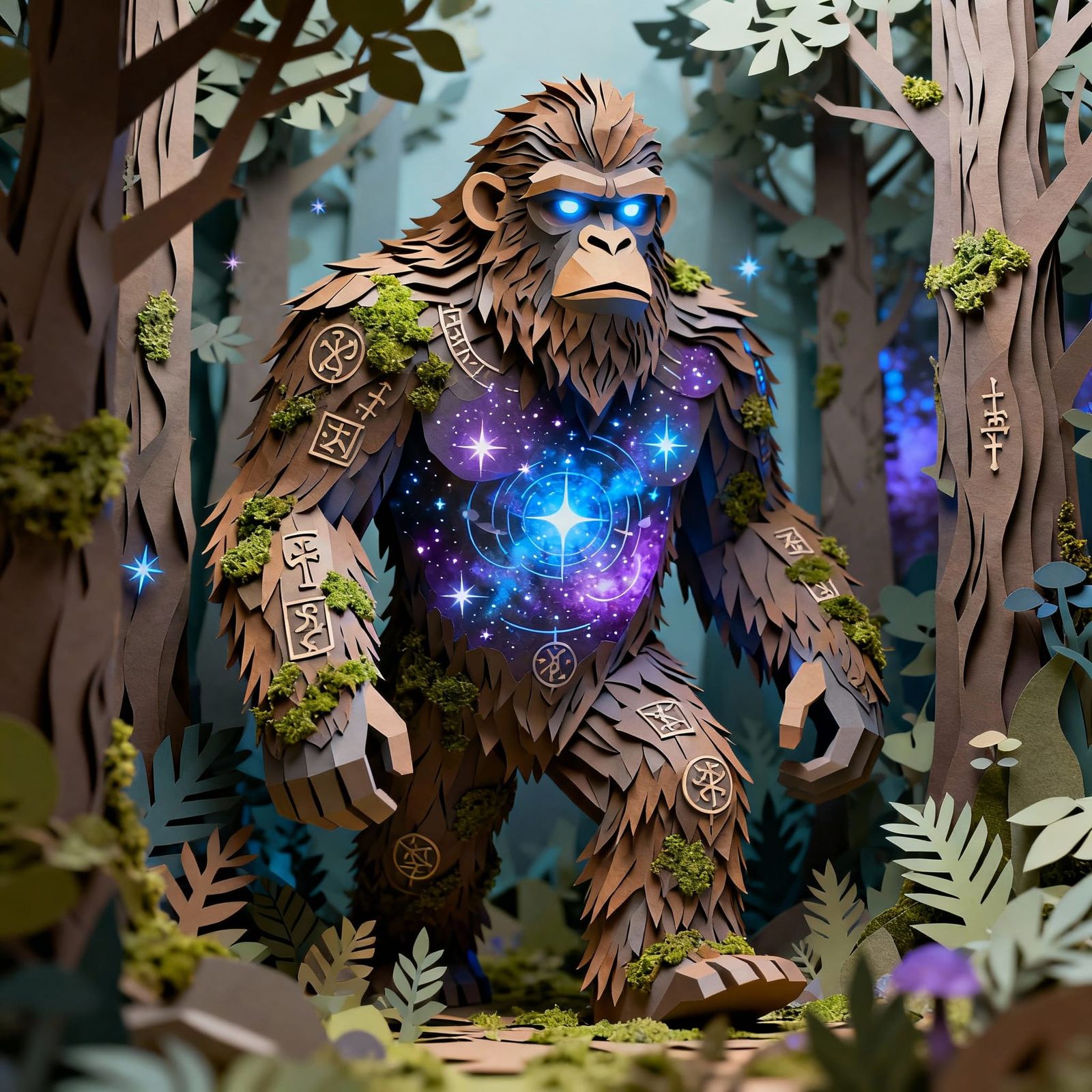 Cosmic Sasquatch Emerges from Mystical Forest in Paper Craft...