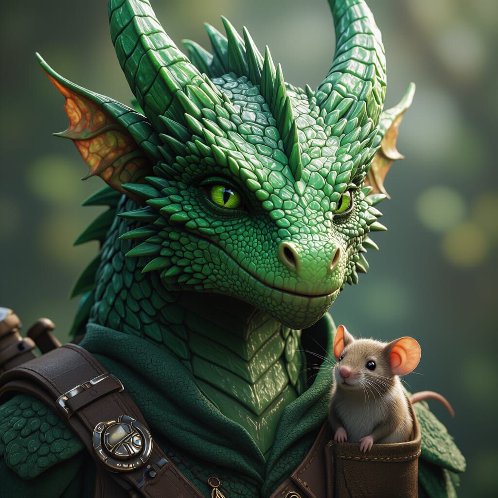 Emerald Dragonborn with Mouse Pet in Fantasy Concept Art Sty...
