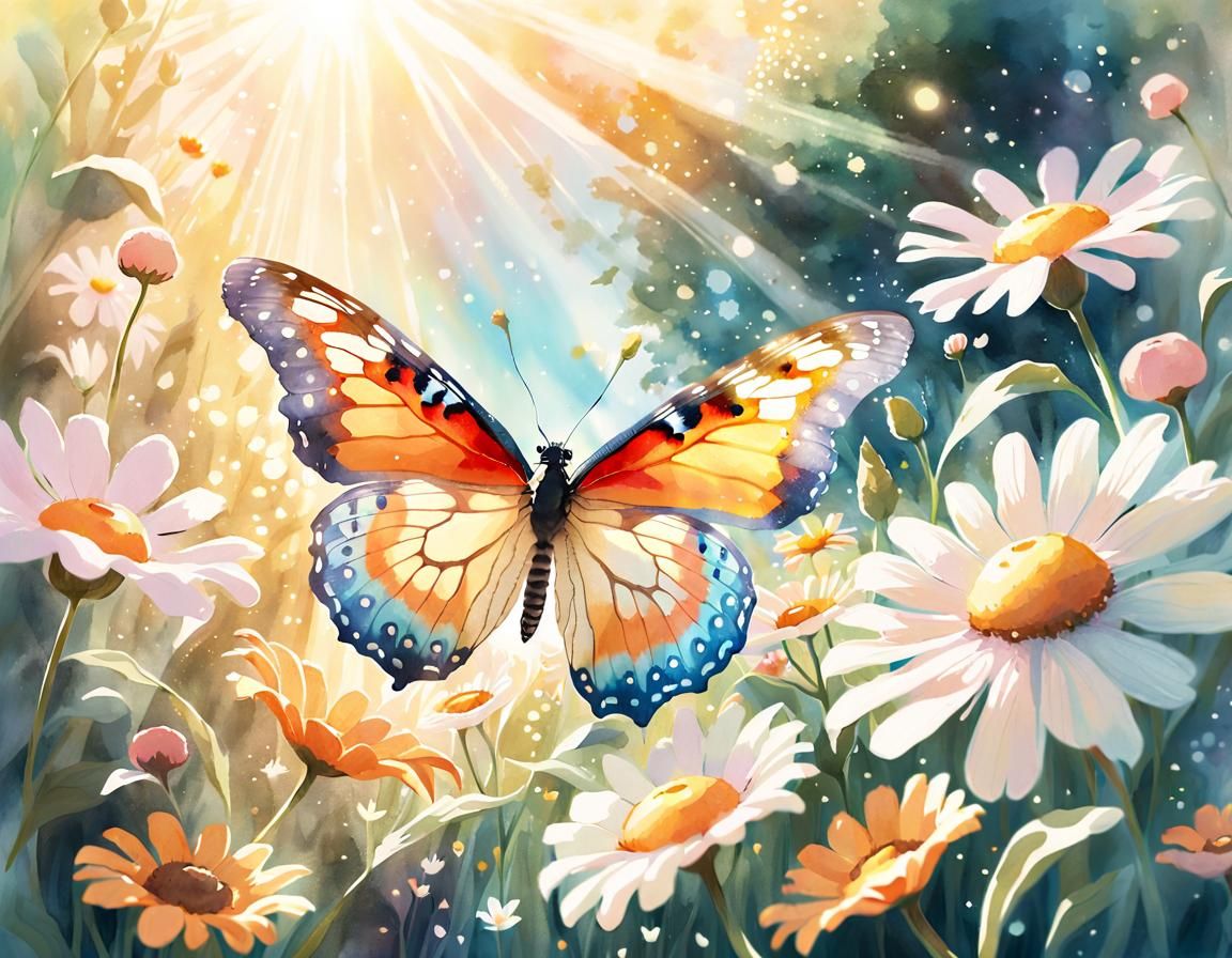 Magical Butterfly in Sunlit Garden, Watercolor Style