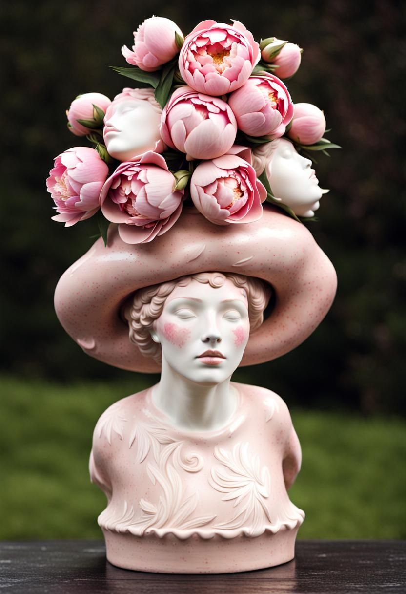Ceramic Woman with Pink Peonies Headdress