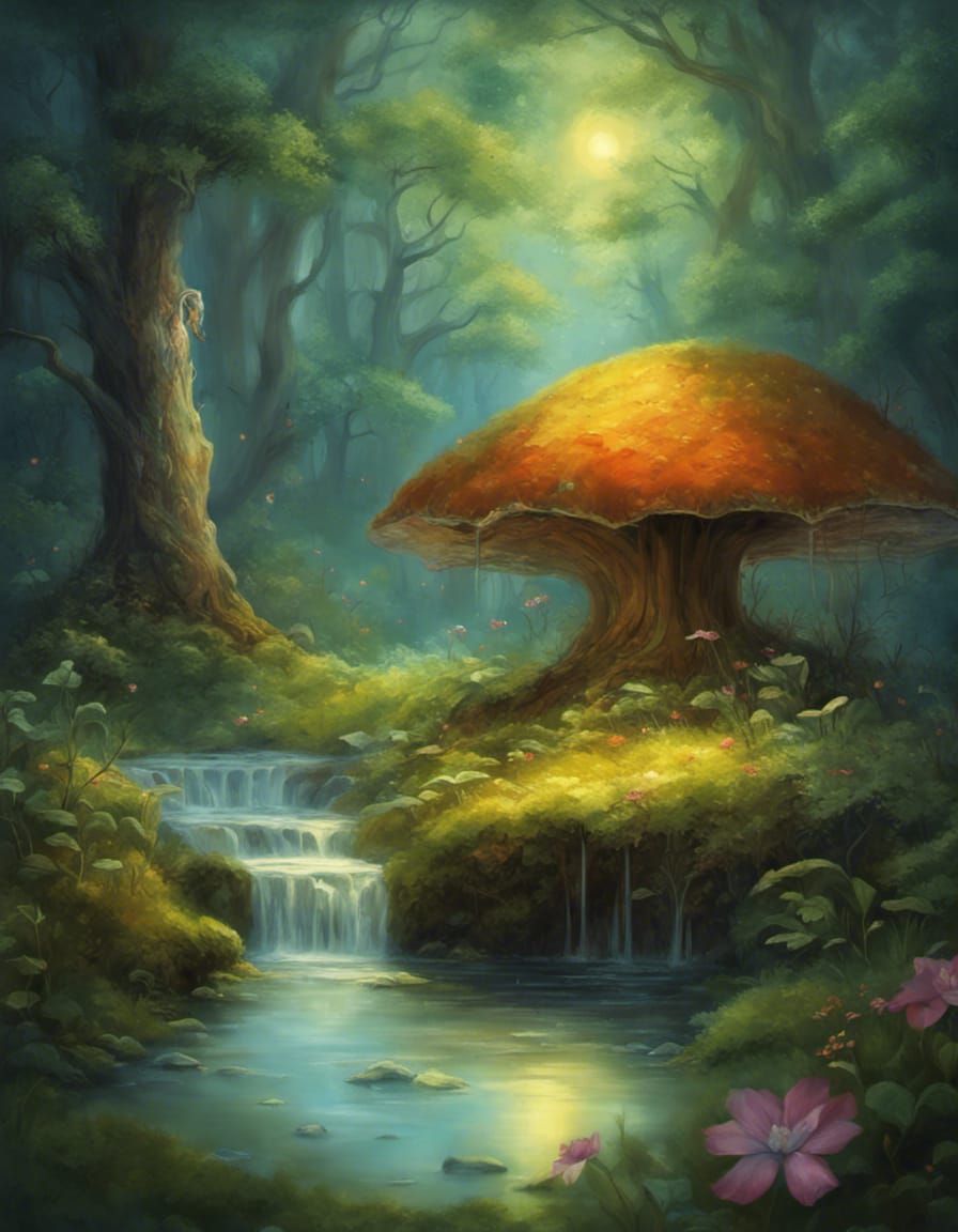 Ethereal Meadow: Fireflies and Fungus at Dusk