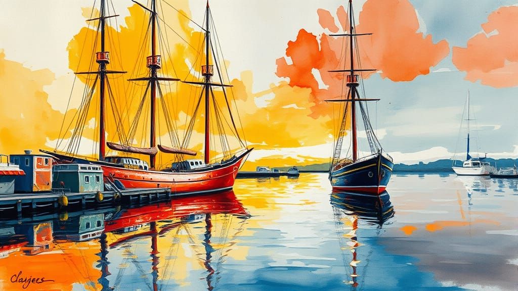 Impressionistic Harbor Scene with Sailing Ships