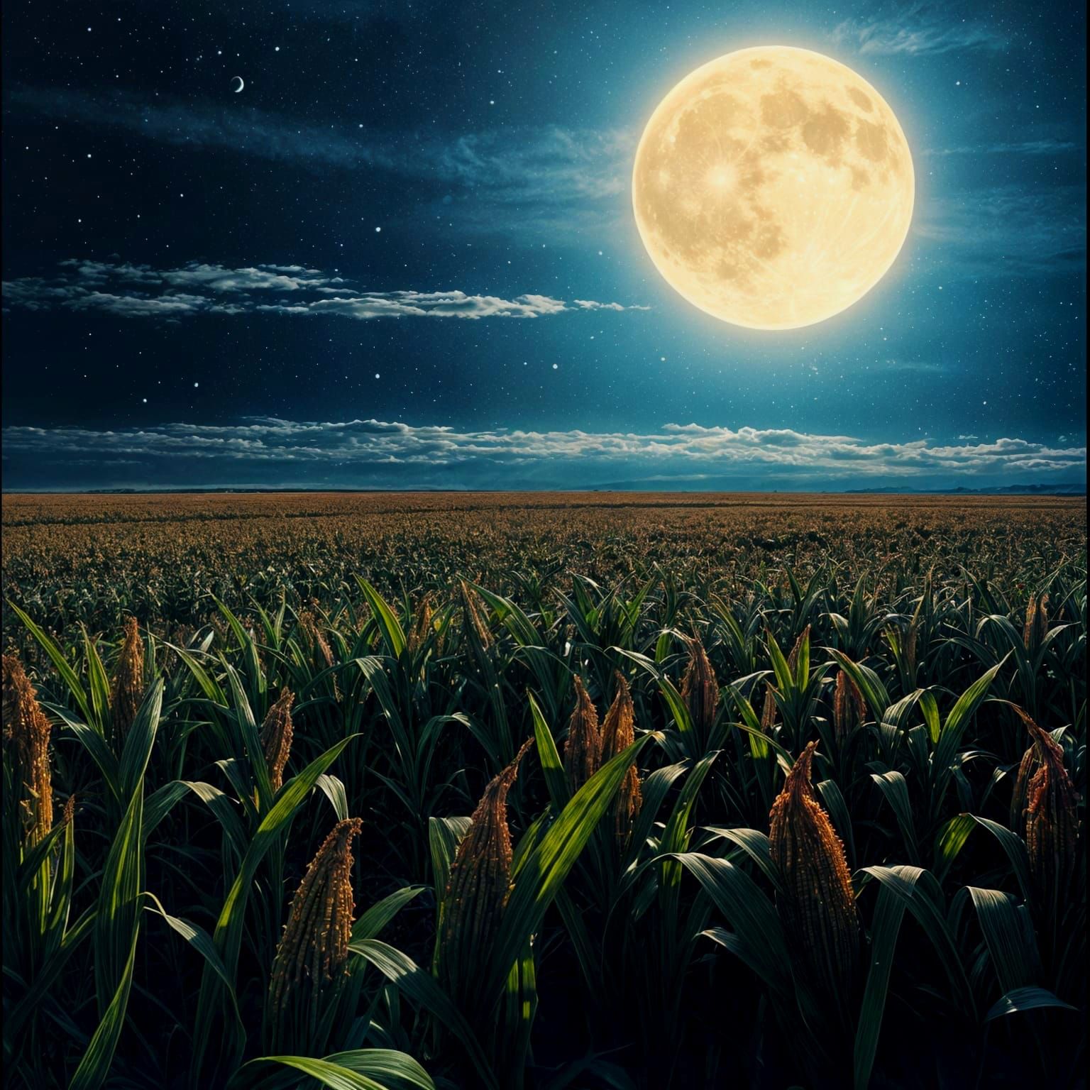 Giant Moon Over Cornfield: Watercolor Concept Art