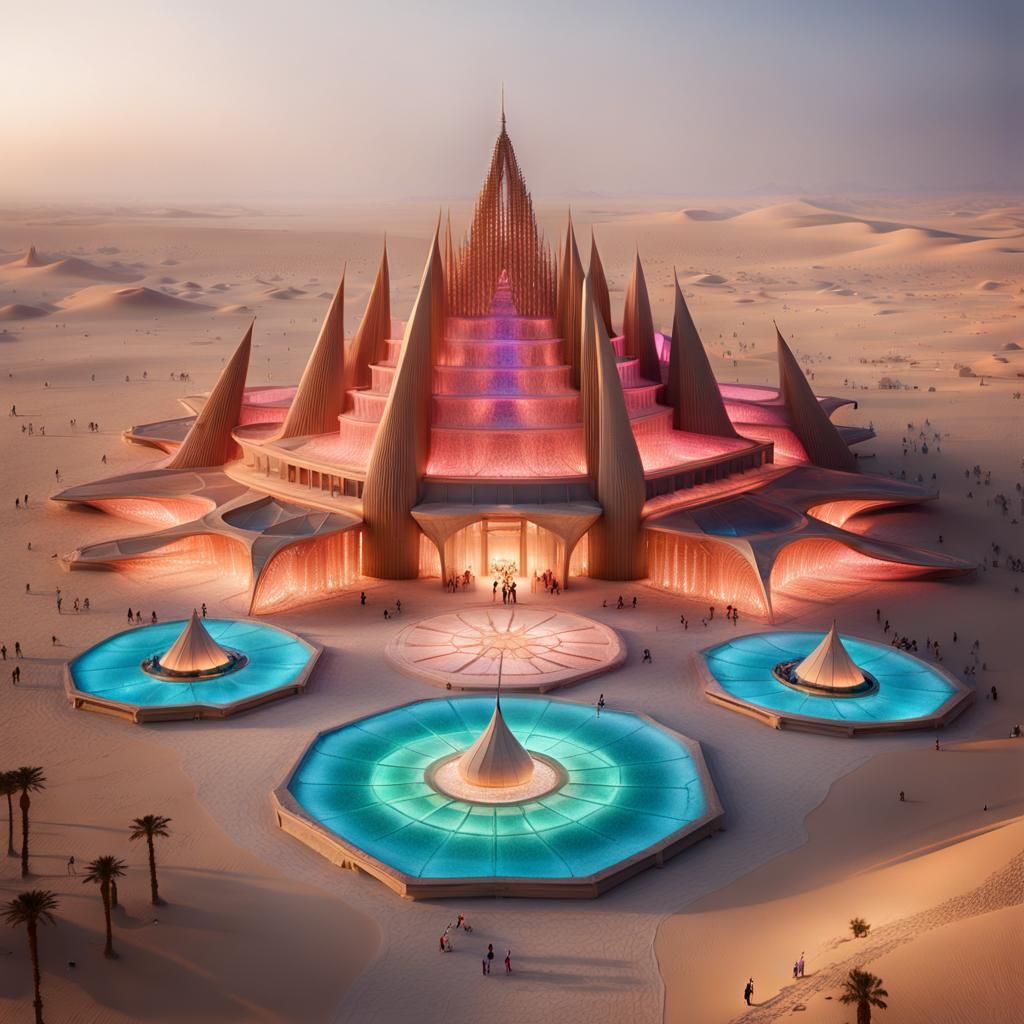 Futuristic Desert Temple with Bioluminescent Sand