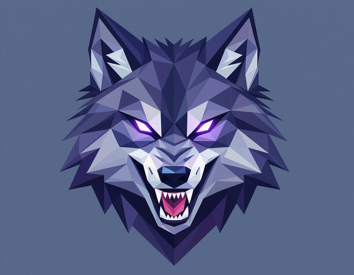Low Poly Wolf Logo with Glowing Purple Eyes