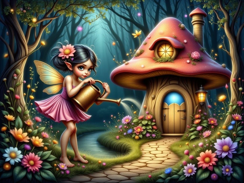 Whimsical Fairy Girl Tending Fantasy Garden at Night