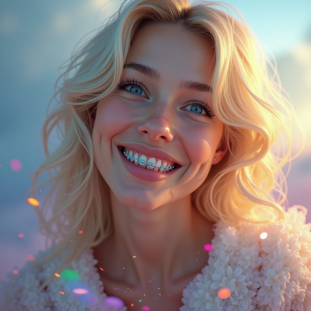 Woman with Braces in Dreamlike Cyberpunk Portrait