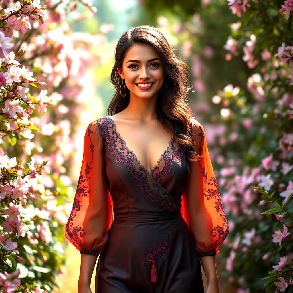 Stylish Woman Walking in Jasmine Garden: Detailed Matte Pain...