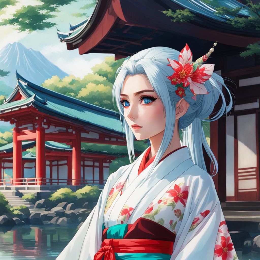 Elf in Hakama at Japanese Temple, Manga Style