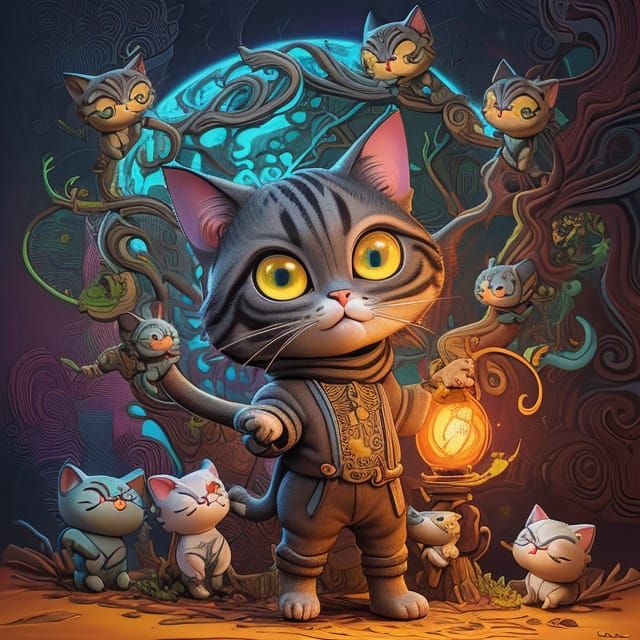 Chibified Cat in Vivid Landscape, Textured Oil Painting Styl...