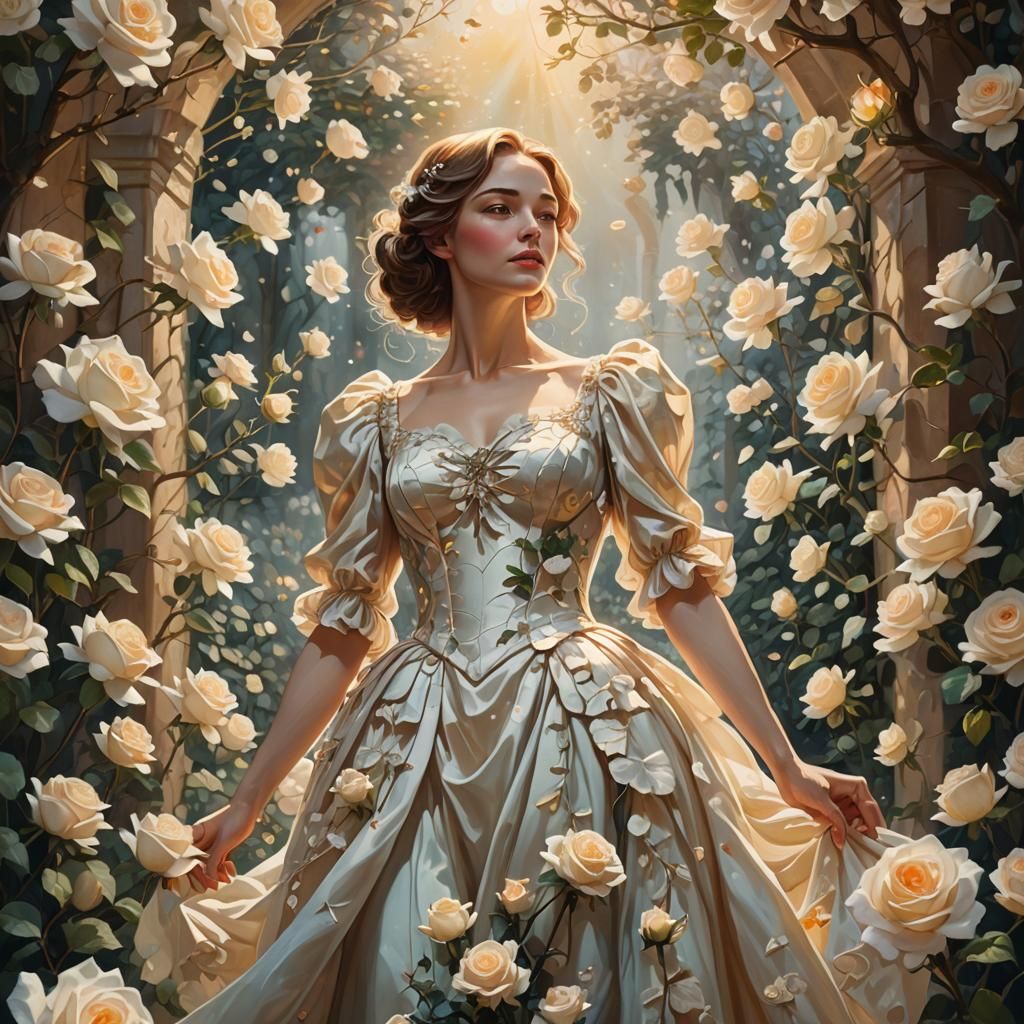 Enchanted Rose Lady in Dreamlike Oil Painting