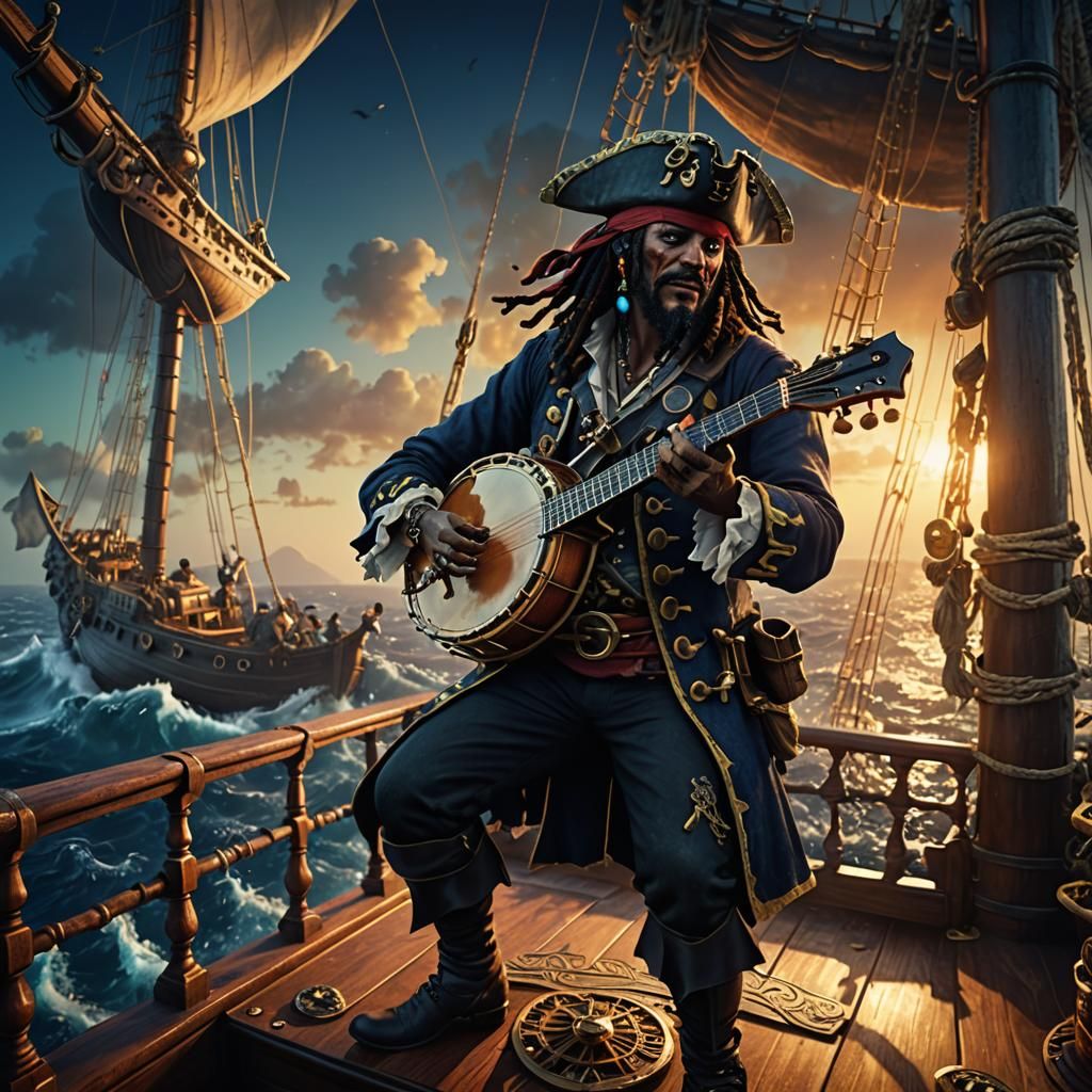 Pirate's Banjo Serenade on a Fantasy Ship