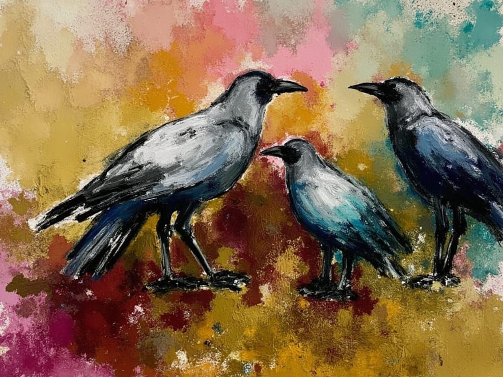 Grey Hooded Crows in Abstract Landscape