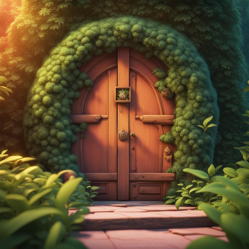 Fairy Door Hidden in Bushes: 3D Digital Art